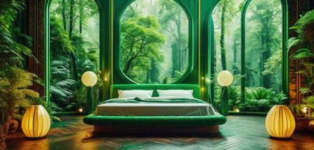 Luxury bedroom with green walls and wooden floor,3d renderingの素材