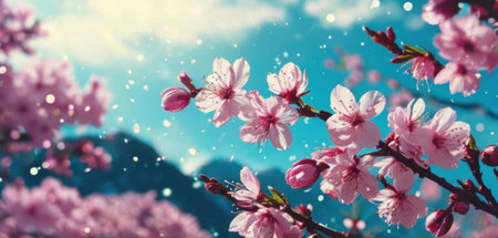 Beautiful cherry blossom sakura flowers on blue sky background with bokehの素材