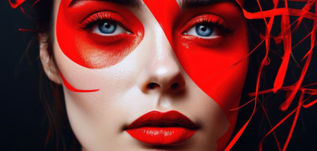 Close-up portrait of a beautiful woman with red make-upの素材