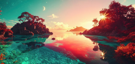 beautiful seascape with tropical island at sunset. 3d renderの素材