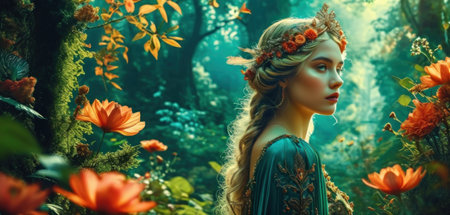 Portrait of beautiful young woman in fantasy forest. Beauty, fashion.の素材