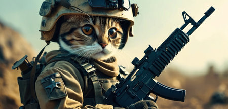 Cute cat in a military helmet with a rifle in his handsの素材