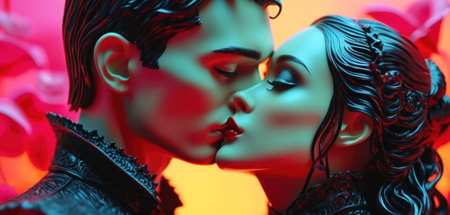 Beautiful couple of lovers kissing in the studio on a red background.の素材