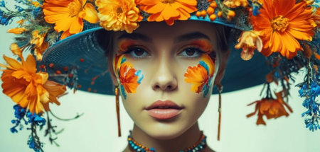 Beautiful girl with bright make-up and flowers in a hatの素材