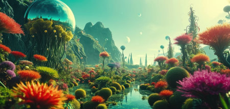 Fantasy alien planet. Mountain and flowers. 3D illustration.の素材