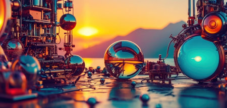 3d render of science fiction scene. Futuristic landscape with planets and stars.の素材