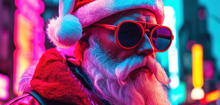 Portrait of a santa claus in sunglasses and red fur coatの素材