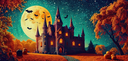 Halloween background with castle, pumpkins, moon and bats.の素材