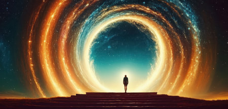 Conceptual image of a woman standing on a stairway leading to a glowing starry skyの素材