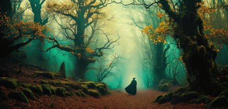 Mysterious dark forest with fog and a witch on the pathの素材