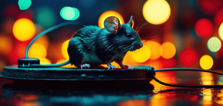 Cute little mouse on the background of the Christmas lights. New Year concept.の素材