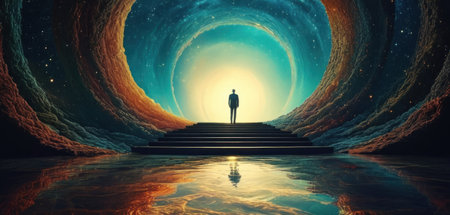 Conceptual 3D human or man standing on a stairway leading to the universeの素材