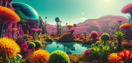 Fantasy alien planet with flowers and plants. 3D illustration.の素材