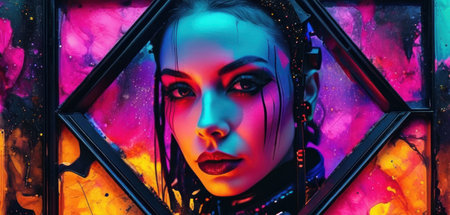 Portrait of a beautiful girl with neon makeup in a stained glass windowの素材
