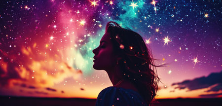 Beautiful young woman in the sky with stars and space dust.の素材