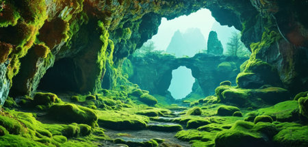 Cave with green moss in the tropical forest. Fantasy landscape.の素材