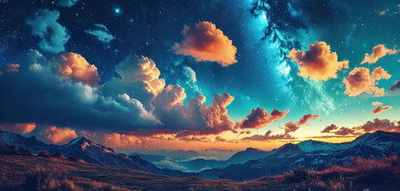 Mountain landscape at sunset. Dramatic sky with stars. Panoramaの素材