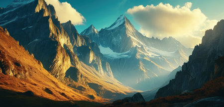 Fantasy alien planet. Mountain and lake. 3D illustration.の素材