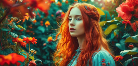 Portrait of a beautiful red-haired girl in a summer garden.の素材