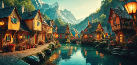 Fairytale village in the mountains. Digital painting. 3d renderingの素材