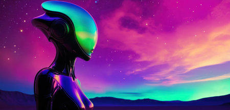 3D Illustration of a female robot in front of a galaxy backgroundの素材