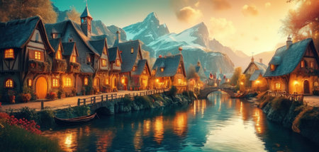 Fairytale village in the middle of a lake. Digital painting.の素材