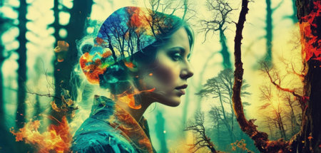 Fantasy image of a beautiful woman in the forest with fire.の素材