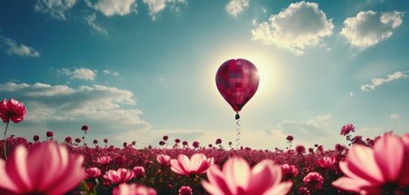Hot air balloon flying over pink cosmos flower field. 3D Renderingの素材