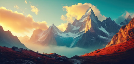 Fantasy alien planet. Mountain and lake. 3D illustration.の素材