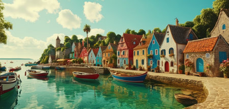 Panoramic view of colorful houses and boats in the harbor.の素材