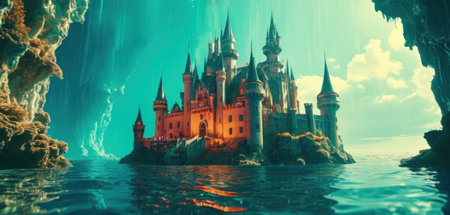 Magic Fairy Tale Castle in the sea. Fantasy Landscape. 3D Renderingの素材