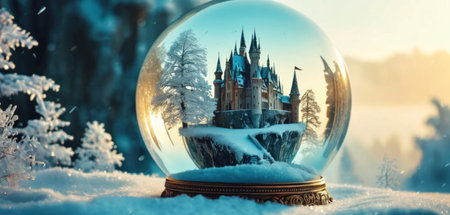 Magic crystal ball with fairy tale castle in snowy forest. Winter wonderland concept.の素材