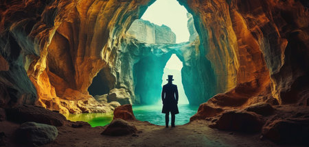 Man standing in the middle of a cave. 3D Renderingの素材