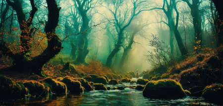 Foggy autumn forest with a river in the foreground. Landscape.の素材
