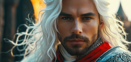 Close-up portrait of a medieval knight in armor on the background of the castle.の素材