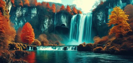 Waterfall in autumn forest. 3d rendering. Computer digital drawing.の素材