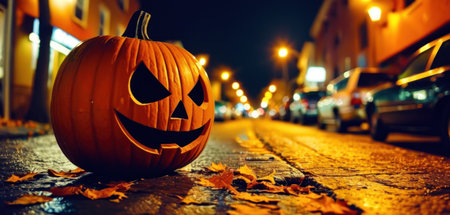 Halloween pumpkin on the street at night. Selective focus.の素材