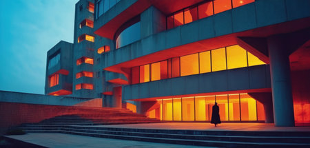 Silhouette of a girl in front of a modern office buildingの素材