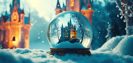 Magic crystal ball with fairy tale castle on snowy background. Fairy tale conceptの素材