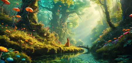 Fantasy landscape with fantasy forest and river. 3d rendering.の素材