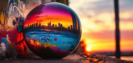 Reflection of the city in a crystal ball on the pier at sunsetの素材