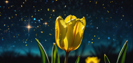 Yellow tulip on the background of the night sky with stars.の素材