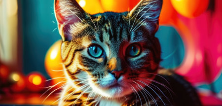 Portrait of a tabby cat with colorful balloons on the backgroundの素材