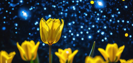 Yellow tulips on the background of the night sky with stars.の素材