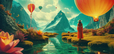 Fantasy landscape with flying hot air balloons and woman. 3d illustrationの素材