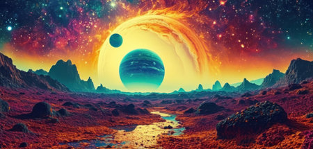 Fantasy alien planet. Mountain and river. 3D illustration.の素材