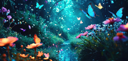 Beautiful fantasy landscape with flowers and butterfly. 3d rendering.の素材