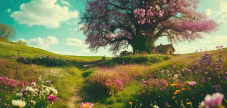Beautiful spring landscape with blooming meadow and lonely tree.の素材