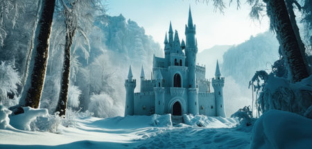 Fairytale castle in winter forest. Fairy tale theme. 3D Renderingの素材