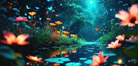 Mysterious pond with flowers and butterflies. 3D rendering.の素材
